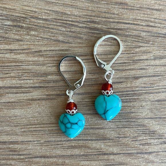 HAND CRAFTED TURQUOISE HEART PIERCED EARRINGS Turquoise Hearts Brown Carnelian - Picture 6 of 14